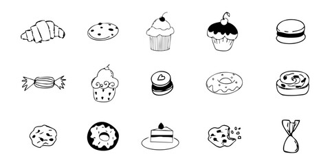 Fototapeta premium Dessert doodle icon set, breakfast bun, donut cupcake and candies sketch hand drawn. Line sweet food scribble texture cafe menu decorations.