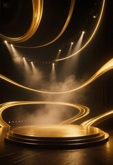 Golden stage with dramatic lighting and smoke