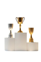 Three winning trophies on podium isolated on white background