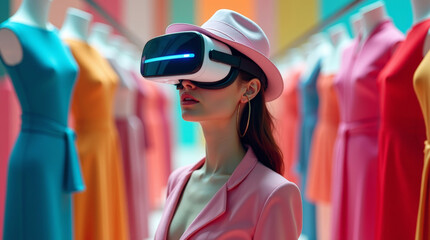 Woman using VR headset in fashion store for virtual shopping experience with colorful dresses