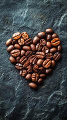 Heart-shaped arrangement of coffee beans on a light surface, symbolizing passion and love for coffee. Space for caption on the side adds room for text or promotional content.

