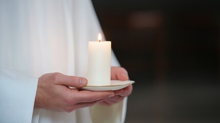 A person in white robes holds a lit candle on a small plate, symbolizing peace, reflection, or a religious ritual.