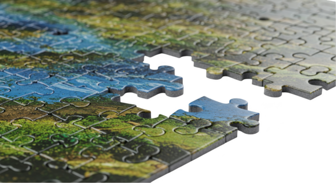 Close Up Of A Jigsaw Puzzle With Missing Piece Showing Green And Blue Elements