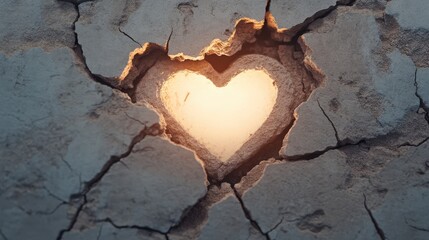 A glowing heart shape is revealed within cracked, dry earth, symbolizing hope and resilience amidst hardship.