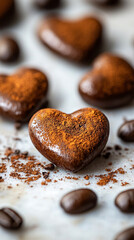 Heart-shaped arrangement of coffee beans on a light surface, symbolizing passion and love for coffee. Space for caption on the side adds room for text or promotional content.


