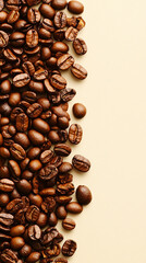 Heart-shaped arrangement of coffee beans on a light surface, symbolizing passion and love for coffee. Space for caption on the side adds room for text or promotional content.

