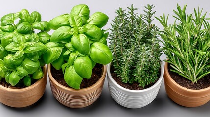 Naklejka premium Fresh Green Herbs in Decorative Pots on Gray Surface for Culinary and Aromatic Use