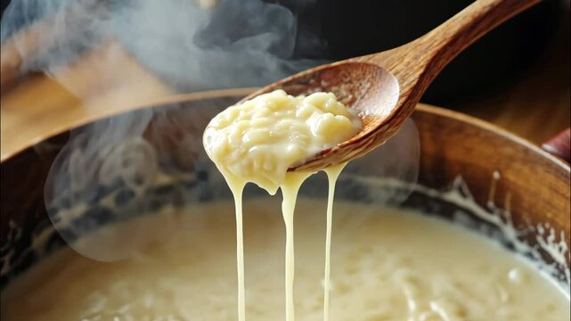 Close-up of spoon lifting creamy melted milk with steam in a cozy kitchen moment. 