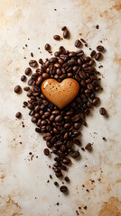 Heart-shaped arrangement of coffee beans on a light surface, symbolizing passion and love for coffee. Space for caption on the side adds room for text or promotional content.


