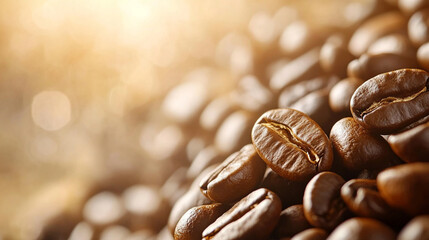 Heart-shaped arrangement of coffee beans on a light surface, symbolizing passion and love for coffee. Space for caption on the side adds room for text or promotional content.

