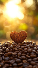 Heart-shaped arrangement of coffee beans on a light surface, symbolizing passion and love for coffee. Space for caption on the side adds room for text or promotional content.

