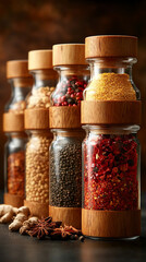 Glass jars filled with a variety of colorful spices and seasonings neatly arranged, showcasing vibrant hues and textures. Represents healthy eating, natural flavor, and culinary inspiration.

