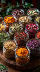 Glass jars filled with a variety of colorful spices and seasonings neatly arranged, showcasing vibrant hues and textures. Represents healthy eating, natural flavor, and culinary inspiration.

