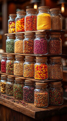 Glass jars filled with a variety of colorful spices and seasonings neatly arranged, showcasing vibrant hues and textures. Represents healthy eating, natural flavor, and culinary inspiration.

