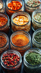Glass jars filled with a variety of colorful spices and seasonings neatly arranged, showcasing vibrant hues and textures. Represents healthy eating, natural flavor, and culinary inspiration.

