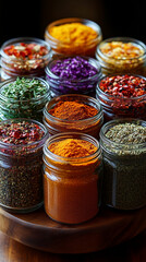 Glass jars filled with a variety of colorful spices and seasonings neatly arranged, showcasing vibrant hues and textures. Represents healthy eating, natural flavor, and culinary inspiration.

