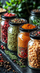 Glass jars filled with a variety of colorful spices and seasonings neatly arranged, showcasing vibrant hues and textures. Represents healthy eating, natural flavor, and culinary inspiration.

