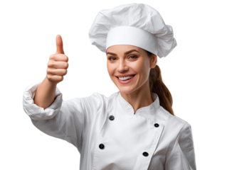 Culinary Success: A cheerful chef, dressed in traditional attire, gives a thumbs-up of approval, showcasing a sense of confidence and mastery.