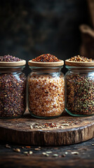 Glass jars filled with a variety of colorful spices and seasonings neatly arranged, showcasing vibrant hues and textures. Represents healthy eating, natural flavor, and culinary inspiration.

