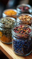 Glass jars filled with a variety of colorful spices and seasonings neatly arranged, showcasing vibrant hues and textures. Represents healthy eating, natural flavor, and culinary inspiration.

