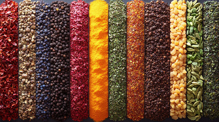 Glass jars filled with a variety of colorful spices and seasonings neatly arranged, showcasing vibrant hues and textures. Represents healthy eating, natural flavor, and culinary inspiration.


