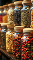 Glass jars filled with a variety of colorful spices and seasonings neatly arranged, showcasing vibrant hues and textures. Represents healthy eating, natural flavor, and culinary inspiration.

