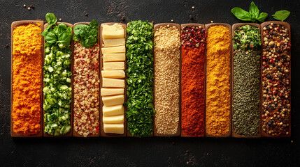 Glass jars filled with a variety of colorful spices and seasonings neatly arranged, showcasing vibrant hues and textures. Represents healthy eating, natural flavor, and culinary inspiration.

