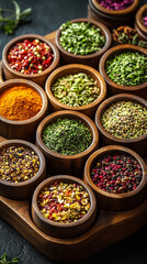 Glass jars filled with a variety of colorful spices and seasonings neatly arranged, showcasing vibrant hues and textures. Represents healthy eating, natural flavor, and culinary inspiration.

