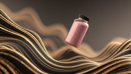 A glass bottle of pink powder floats above abstract, undulating gold and brown waves