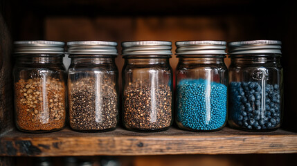 Glass jars filled with a variety of colorful spices and seasonings neatly arranged, showcasing vibrant hues and textures. Represents healthy eating, natural flavor, and culinary inspiration.

