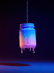 A glass jar, suspended by a chain, drips vibrant blue, pink, and white paint against a dark background.  Neon lighting enhances the colors and drips
