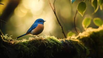 Obraz premium Azure bird perched on mossy branch in sun-dappled forest, nature's delicate beauty