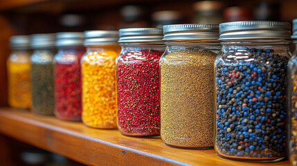 Glass jars filled with a variety of colorful spices and seasonings neatly arranged, showcasing vibrant hues and textures. Represents healthy eating, natural flavor, and culinary inspiration.

