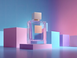 A glass perfume bottle with a pale pink label sits on a pastel purple cube against a blue and pink gradient backdrop, surrounded by other pastel cubes