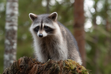 Fototapeta premium a raccoon standing on a tree stump in the woods
