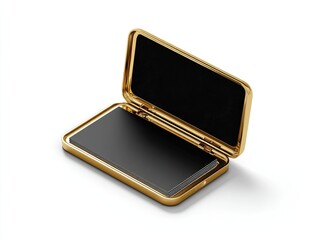 A gold-trimmed rectangular case, slightly ajar, reveals a sleek, black rectangular object nestled within.  The scene is set against a stark white background