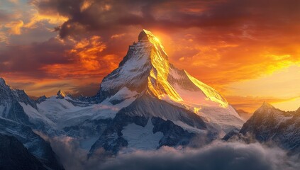 Majestic mountain peak bathed in golden sunset light