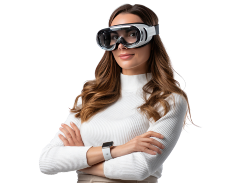 Woman Wearing Smart Glasses: A confident young woman with long brown hair, wearing stylish smart glasses, stands with her arms crossed, exuding a sense of technological innovation and modern style.