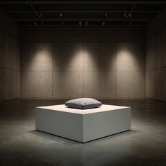A gray cushion rests atop a white cube pedestal in a dimly lit, minimalist concrete gallery space