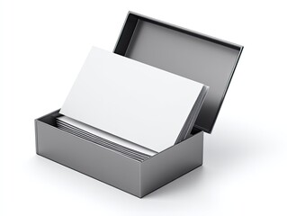 A gray metal business card box, slightly ajar, revealing a stack of blank white business cards inside against a white background