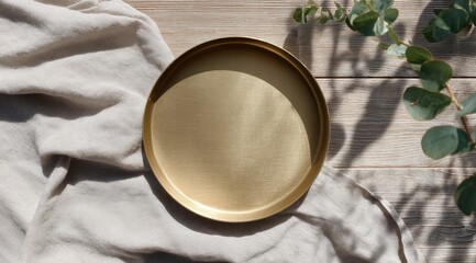 A gold-toned round tray rests on a light beige linen cloth, partially draped over a light wood surface.  Eucalyptus sprigs cast shadows nearby