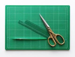 A green cutting mat with gold scissors, a piece of green tape, and a craft knife