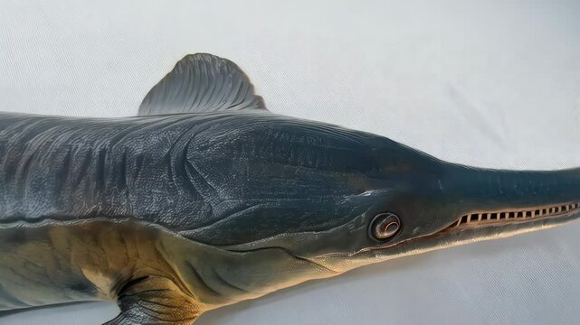 Isolated longnose gar specimen lying on a white surface, a primitive ray-finned fish with an elongated body and snout.