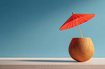 A halved coconut, serving as a cup, sits on a pale surface against a light-blue backdrop; a small, red paper parasol rests atop