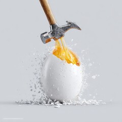A hammer shatters a white egg, yolk spilling;  fragments fly, showcasing fragility and destruction