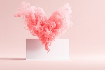 A heart-shaped cloud of pastel pink smoke floats above a minimalist white rectangular base against a pale pink background