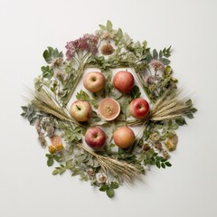 A hexagonal arrangement of five whole apples and one halved apple, encircled by wheat stalks and assorted dried flowers and foliage on a white background
