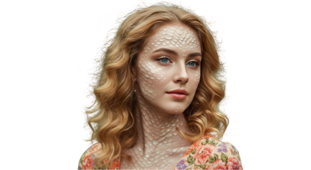 Photo of a Beautiful Young Woman with Blonde Hair in Floral Dress Isolated