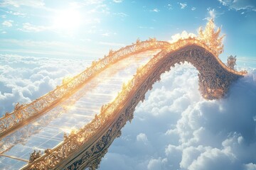 A golden bridge to heaven through the clouds, an ethereal dreamscape creation