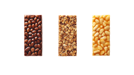 Assorted healthy snack bars isolated on transparent background
